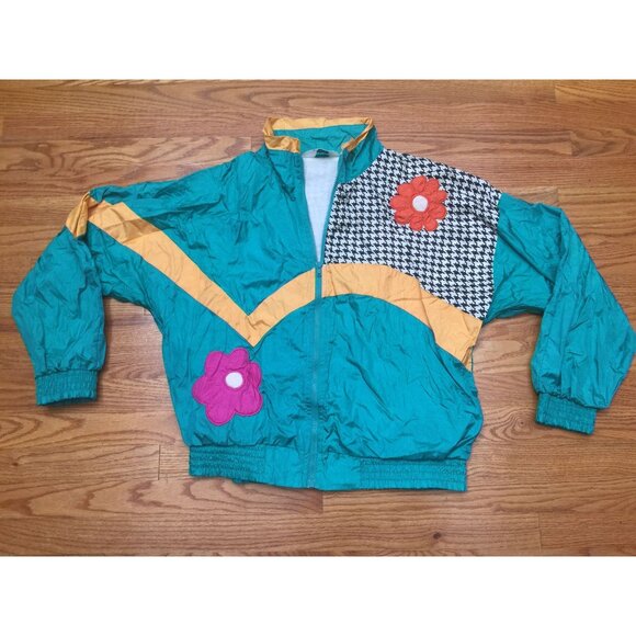 Vintage 1980s London Fog Green Flower Power Jogging Windbreaker Jacket Medium M - Picture 6 of 8